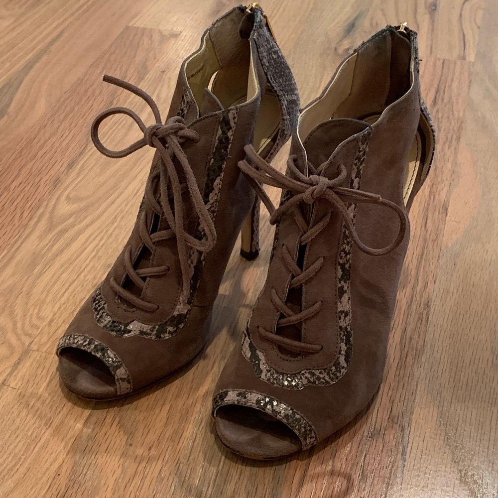 Grey suede and snake lace up peep toe booties